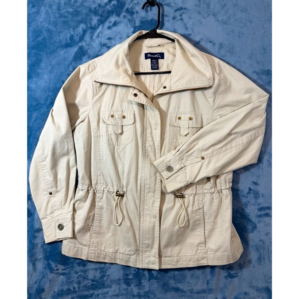 Denim & Co Women Medium Beige Cotton Utility Jacket Drawstring Waist Safari M